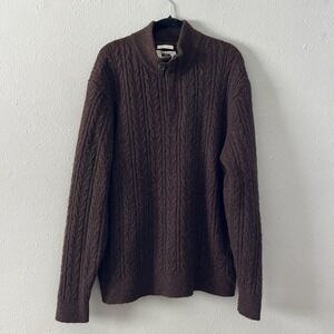 Joseph Abboud Sweater XL Chocolate Brown Cable Knit Italian Yarn Elbow Patch